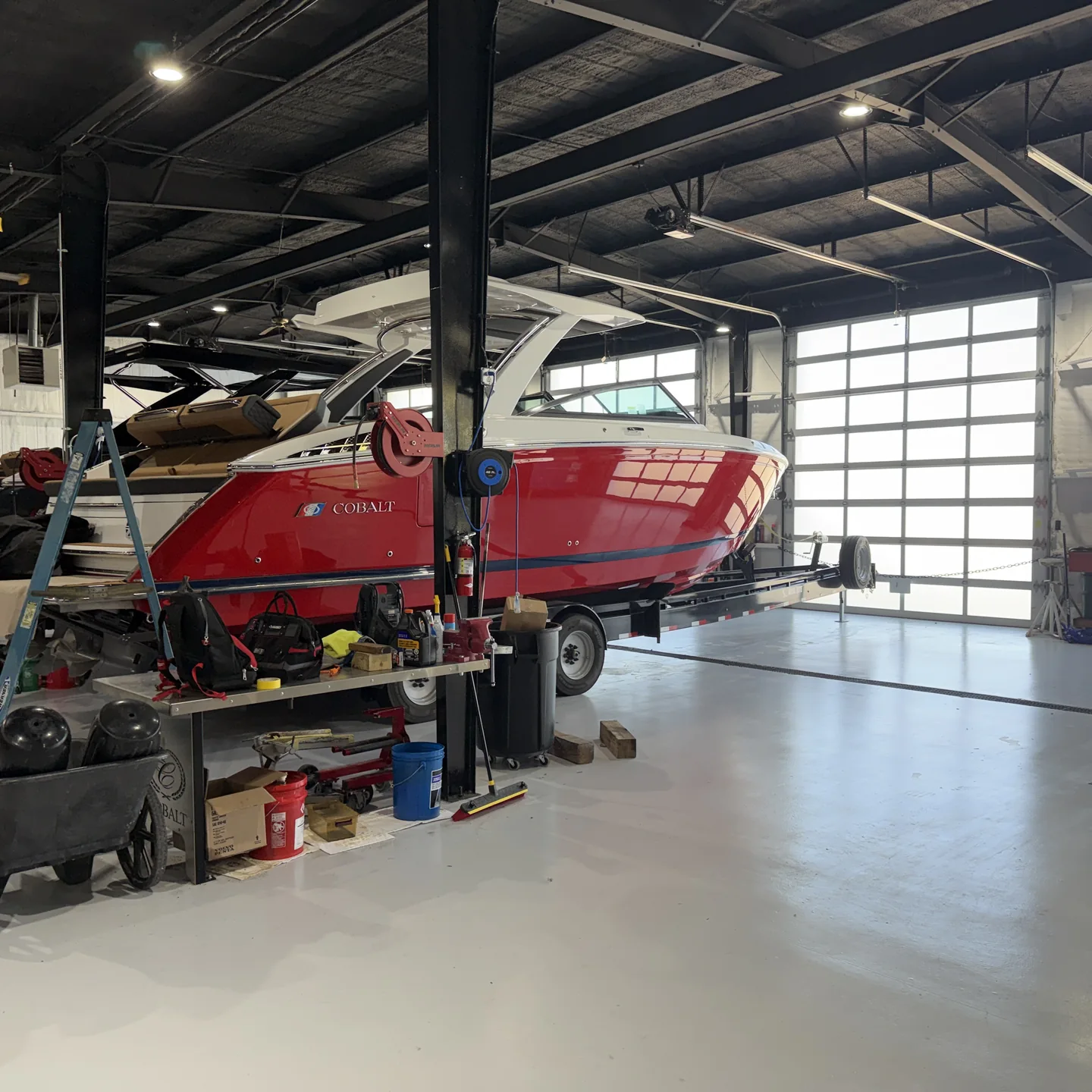 Cobalt boat inside a Village Marina service bay